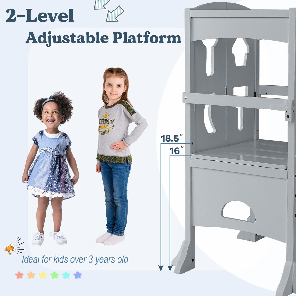 Costzon Toddler Tower, Foldable Kids Kitchen Step Stool w/Safety Rail, Height Adjustable Wood Standing Tower for Toddlers, Montessori Child Learning Tower for Bathroom, Kitchen Counter Costzon