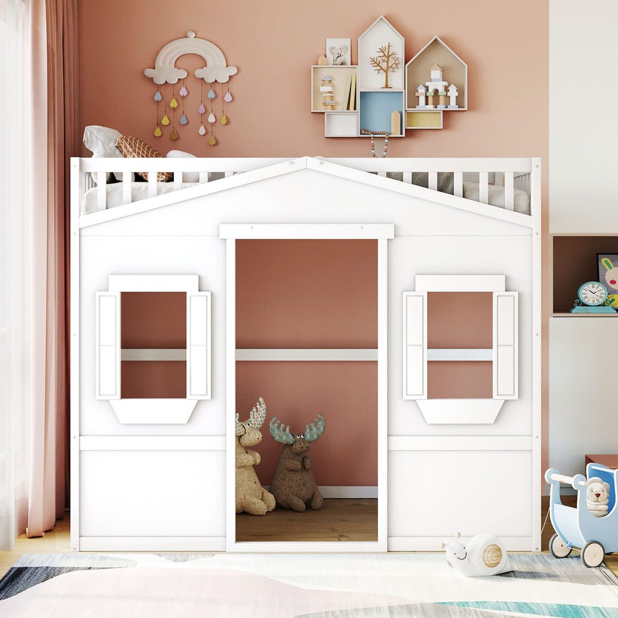 Full House Loft Bed Frame for Kids, Wood Full Loft Bed with Windows and Guardrail, Playhouse Bed, Full Size Loft Bed for Boys & Girls, No Box Spring Needed, Underbed Height is 51 Inches, White Harper & Bright Designs