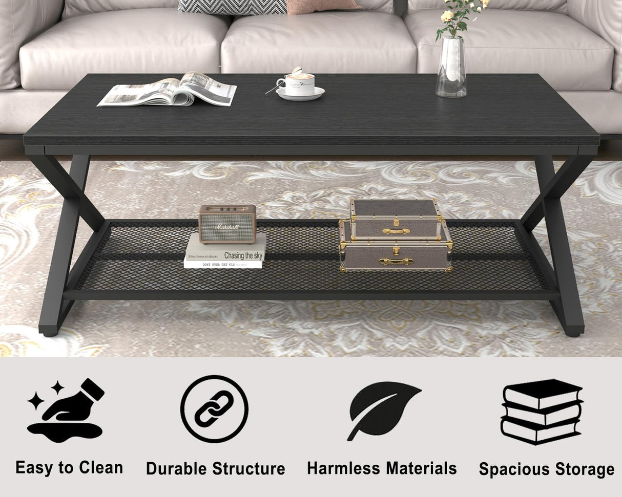 LVB Black Coffee Table, Wood Metal 2 Tier Center Tables with Storage Shelf, Modern Rectangular Concrete Tea Table for Living Room, Wooden Middle Cocktail Table for Office Bedroom, 47 inch, Black Oak LVB