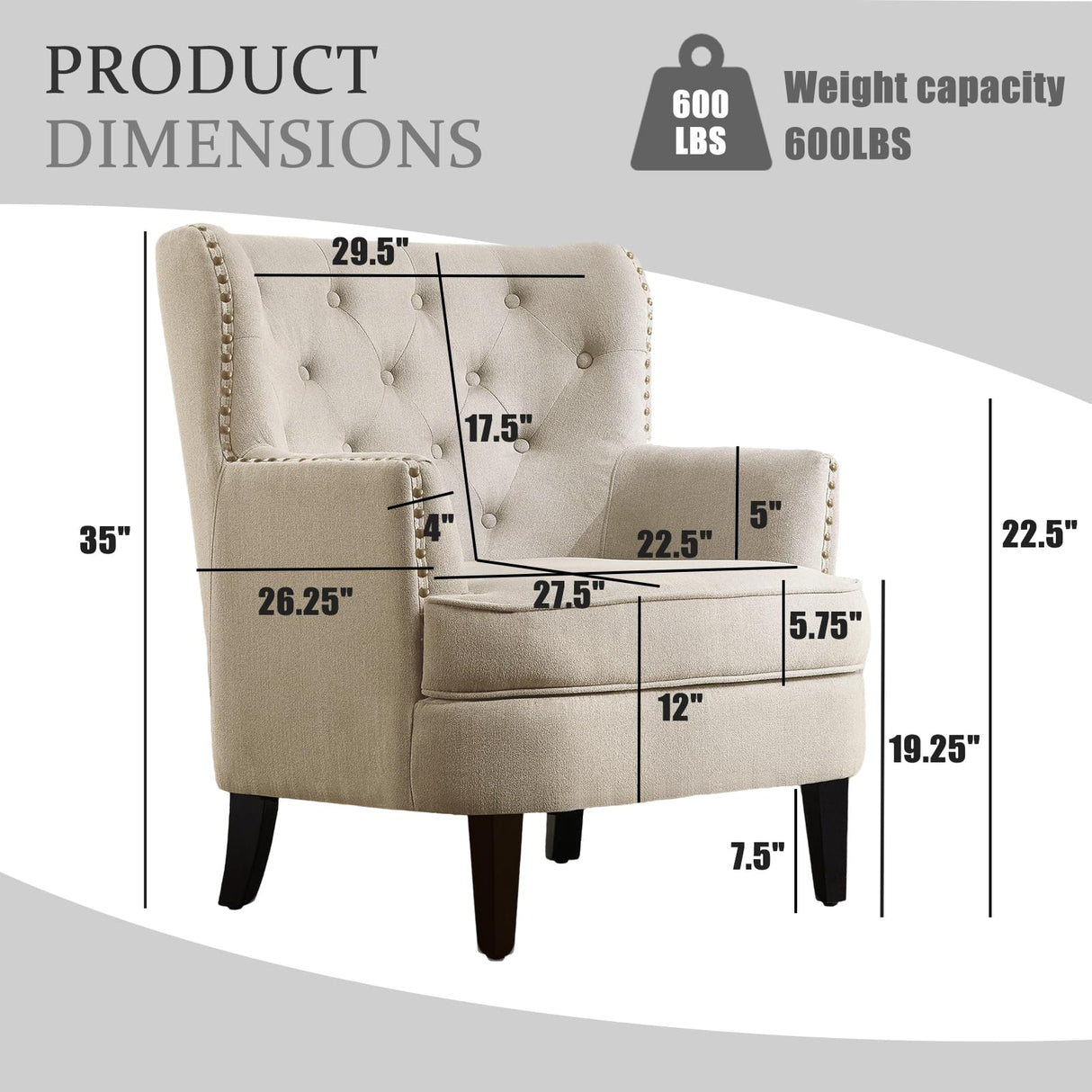 Hevaotry Velvet Upholstered Wingback Chair, 34.5”H Comfy Tufted Button Accent Chair, American Retro Barrel Chair, Contemporary Nailhead Armchair for Living Room, Bedroom, Reception Room, Beige Hevaotry