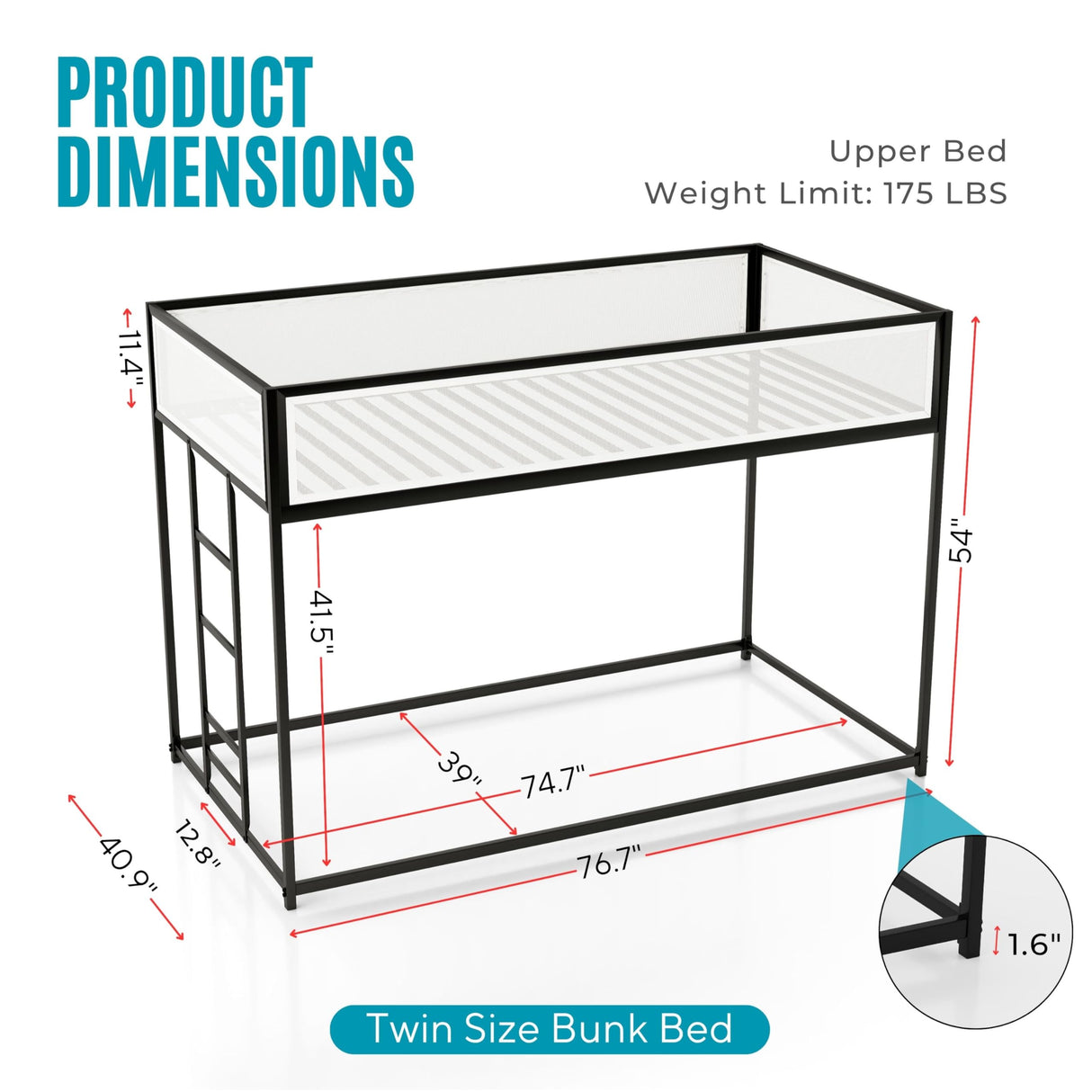 Furniture of America Dravenor Modern Metal Twin Over Twin Low Profile Bunk Bed with Reversible Ladder and White Magnetic Mesh Panel, No Box Spring Required, for Kids, Bedroom, Dorm, Black Furniture of America