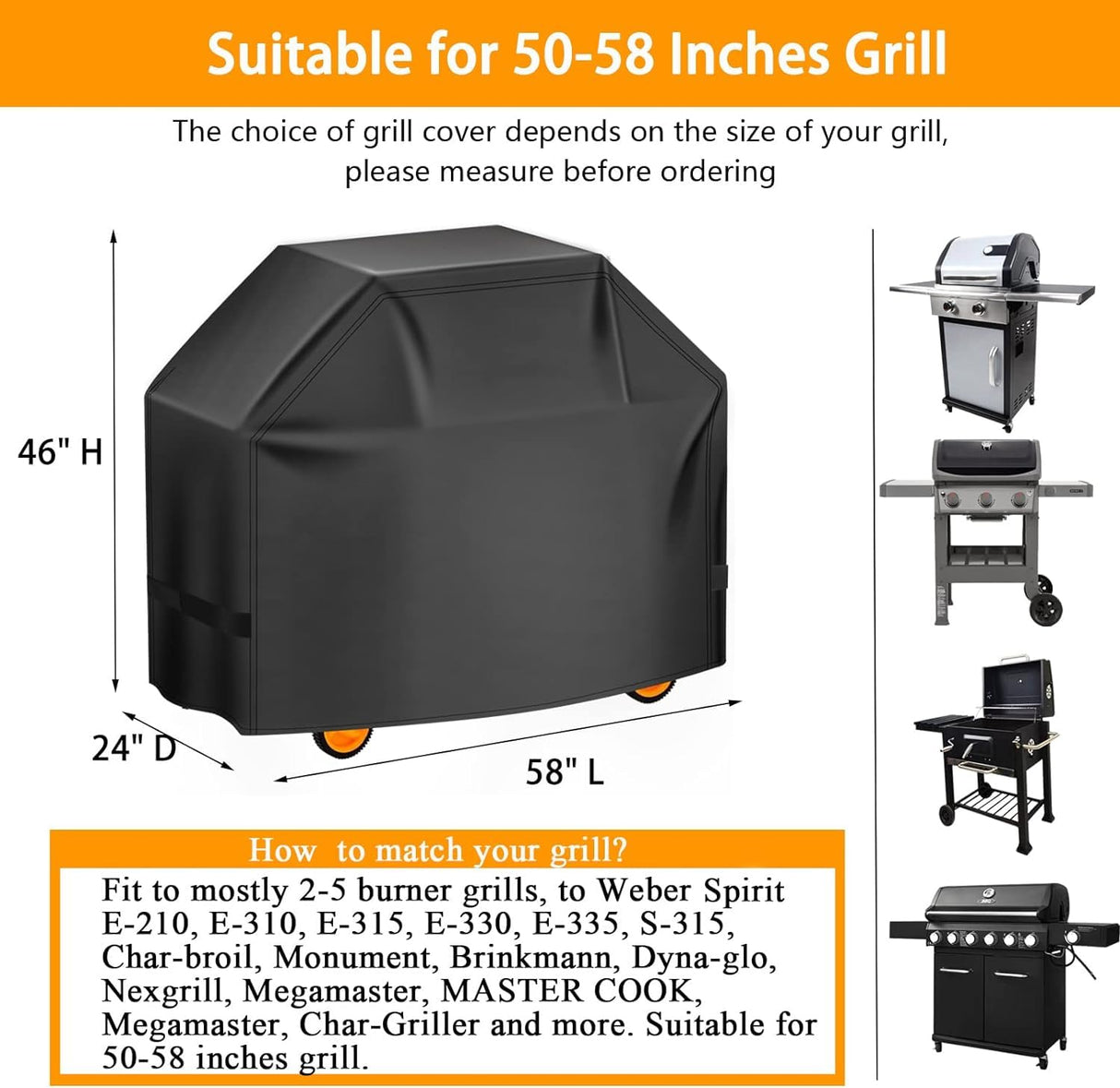 Aoretic Grill Cover, 58 inch BBQ Gas Grill Cover for Outdoor Grill, Charbroil Grill Cover Barbecue Waterproof, Anti-UV for Weber Char-Broil Monument, Dyna-glo Nexgrill Spun Polyester Aoretic