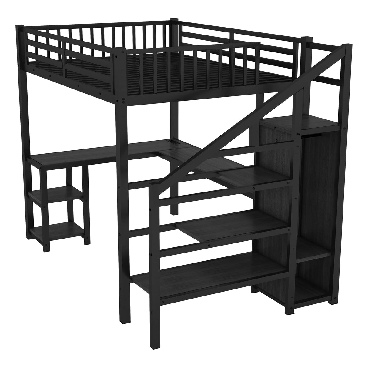 KEIKI Full Size Loft Bed with L-Shaped Desk,Charging Station,Wardrobe & LED Light,Heavy Duty Metal Bed Frame w/Guard & Ladder for Teens Adults,No Box Spring Needed,Black KEIKI