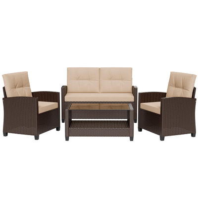 Shintenchi 4 Piece Patio Furniture Set, Outdoor Rattan Conversation Set with Coffee Table, Outside Wicker Sectional Sofa Couch with Cushion, Brown and Khaki