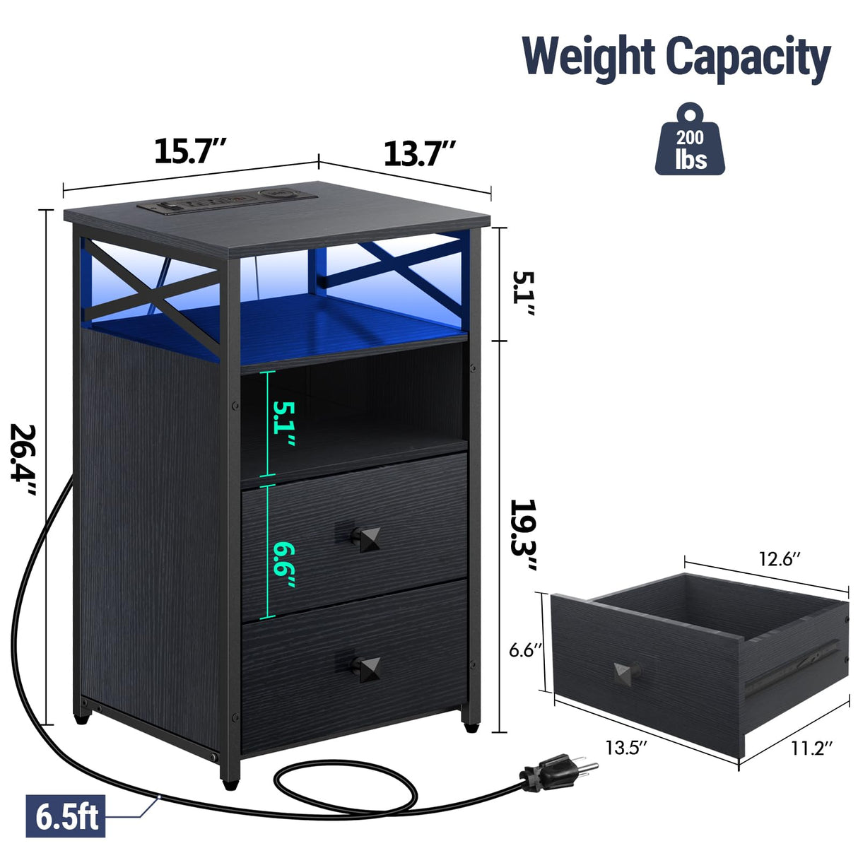 Livofloral End Table Set of 2 with Charging Station, Black Nightstands Set 2 with LED Light and Wireless Charger, Bedside Table with Wooden Drawers, Storage Night Stands for Bedrooms Set of 2 Livofloral