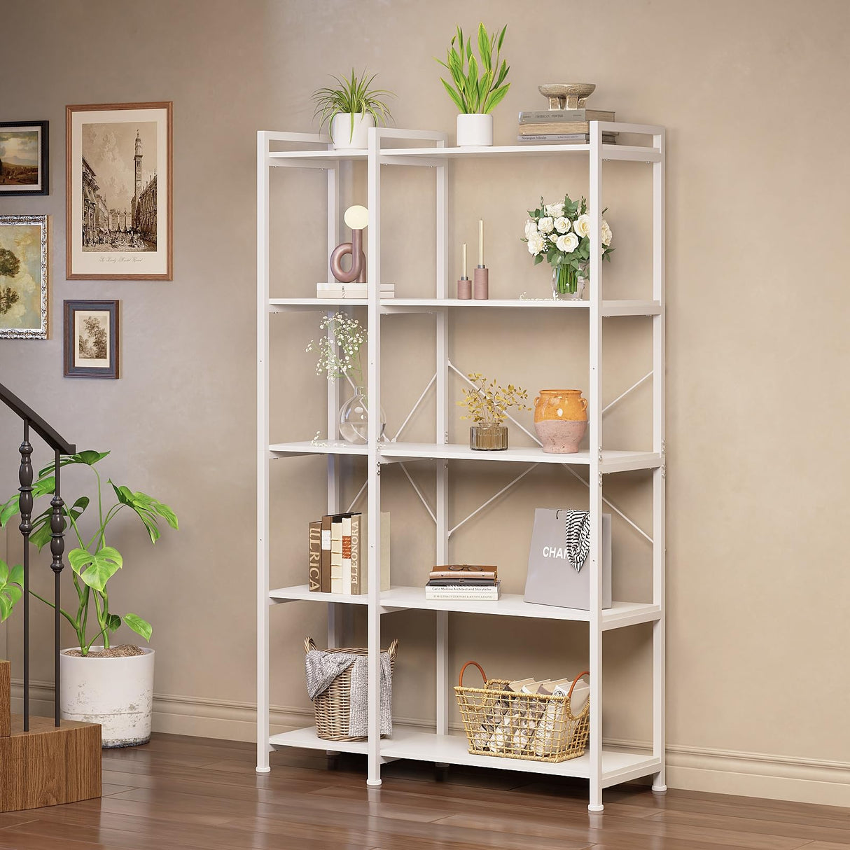 Tohomeor Bookshelf 5 Tier Deformable Corner Bookcase Free Standing Modern Industrial Book Storage Display Book Shelf for Bedroom Living Room Study Room Office (White) Tohomeor