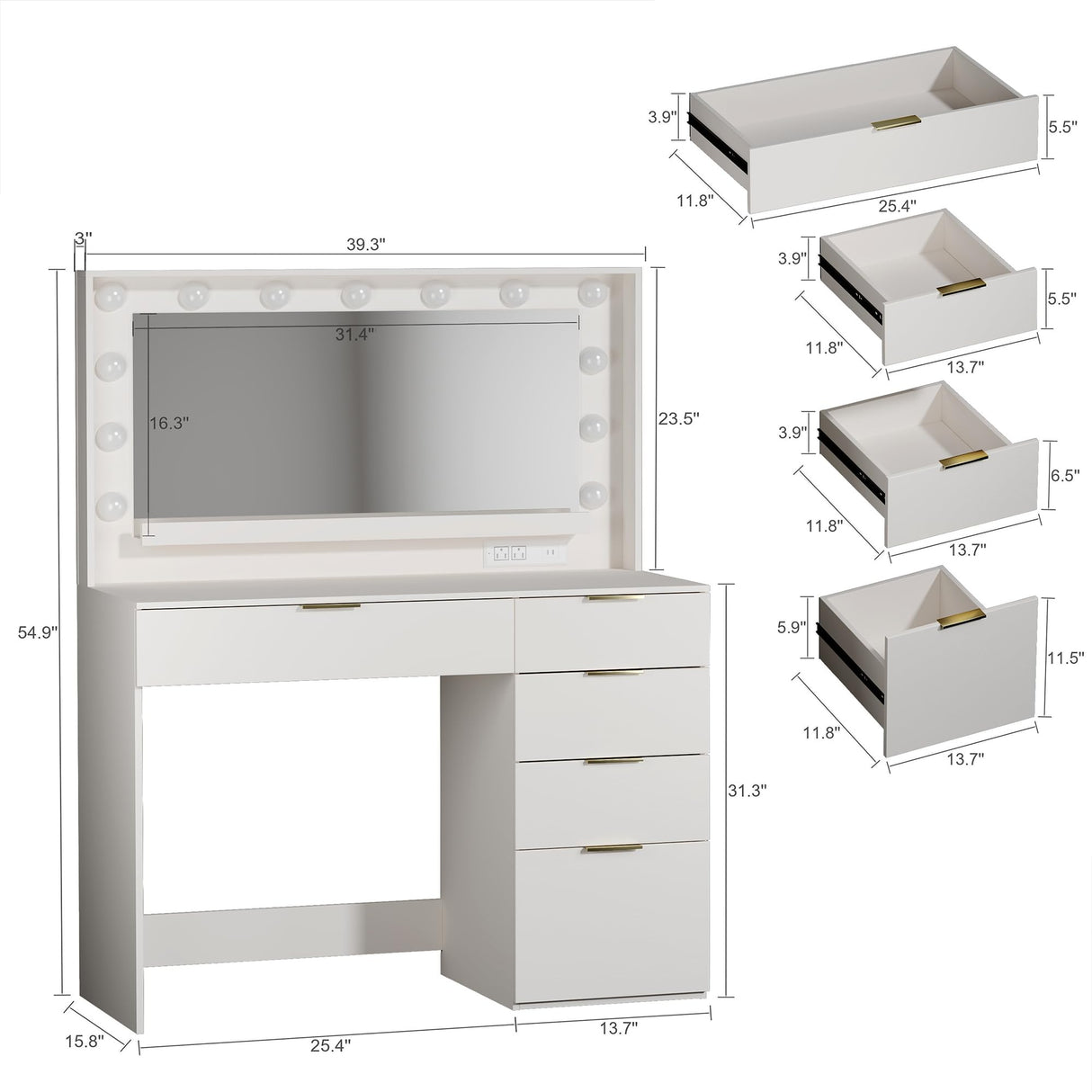 LIMGLIM Makeup Vanity Desk with Lights & Large Mirror, 39.3in Vanity Desk with Mirror and Lights, 3 Lighting Color Adjustable, 5 Drawers, Vanity with Lights for Bedroom LIMGLIM