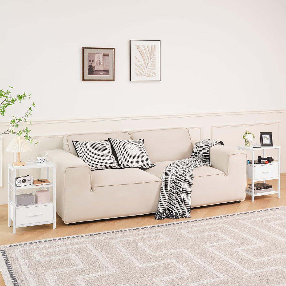 Yoobure White Night Stand with Charging Station, LED Nightstand for Bedroom, Bedside Tables with Adjustable Fabric Drawer, 3-Tier End Table Living Room, Small Side Table with Storage Yoobure