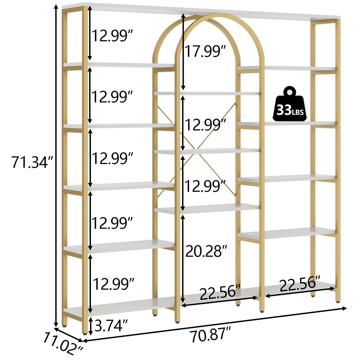 Gyfimoie Triple Wide Gold Bookshelf, 70.87" W x 71.34" H Large Modern Etagere Bookcase, Tall Display Shelf with 13-Tier Open Shelves, Freestanding Staggered Storage Shelf for Home Office (White/Gold) Gyfimoie