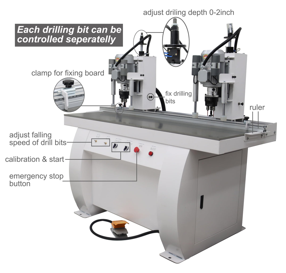 TECHTONGDA Hinge Boring Machine Woodworking Hole Drill Wood Electric Pneumatic Hole Puncher 0-2inch Drilling Depth Double Heads 48-6 TECHTONGDA