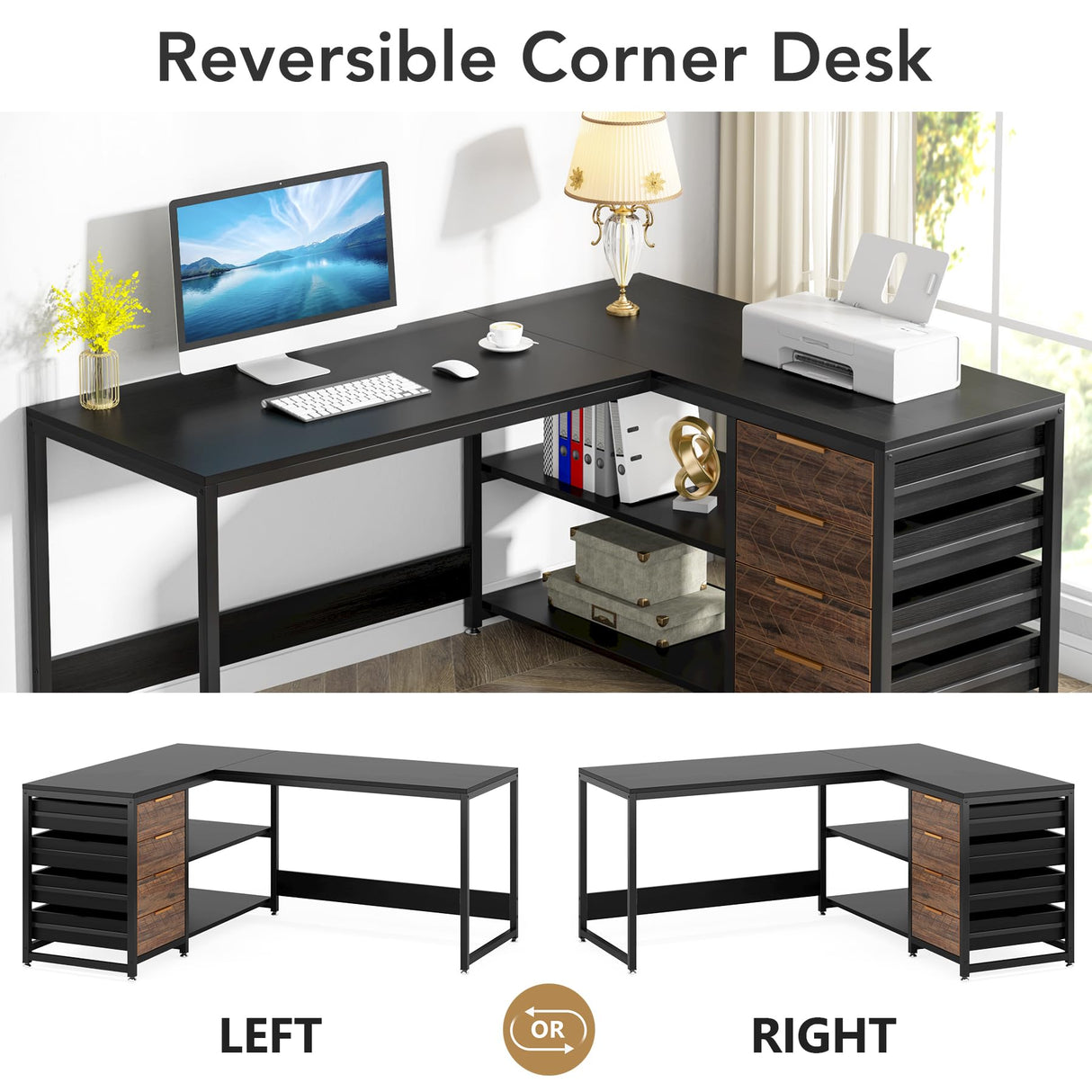 Tribesigns L Shaped Computer Desk with Storage Drawers, 59 inch Corner Desk with Shelves, Reversible L-Shaped Office Desk Study Writing Table Workstation for Home Office, Black Tribesigns