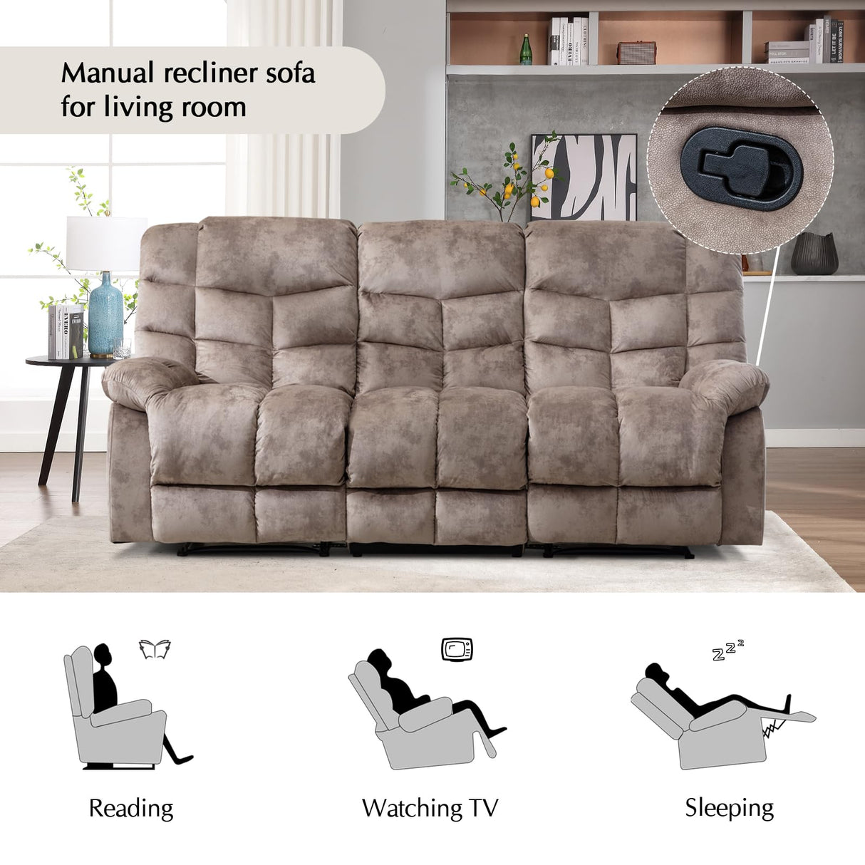 CANMOV Manual Reclining Sofa, 3 Seat Recliner Sofa with Armrest and Overstuffed Backrest, Couch Set for Living Room, Bedroom, Office, Light Brown CANMOV