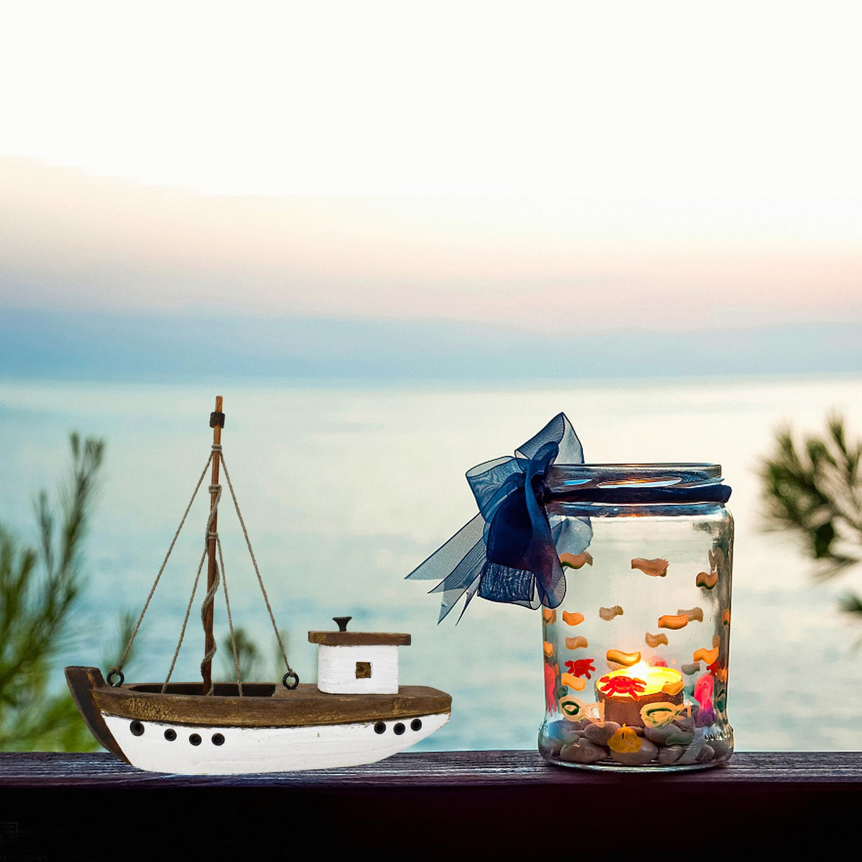 Morning View Wood Sail Boat Decor Nautical Sailing Ship Model Mini for Home Bathroom Shelf Table Centerpiece Coastal Beach Ocean Themed Lake House Decorations Seaside Marine 5.9 Inch Tall (Beige) Morning View