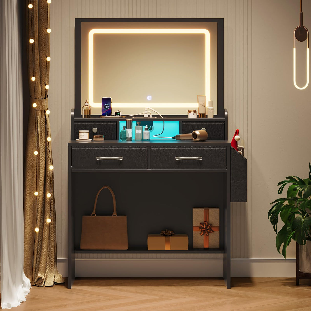 Rolanstar Vanity Desk with LED Lighted Mirror, Makeup Vanity with 4 Fabric Drawers, Power Outlet, Modern Vanity Desk for Bedroom & Dressing Room, Black Rolanstar