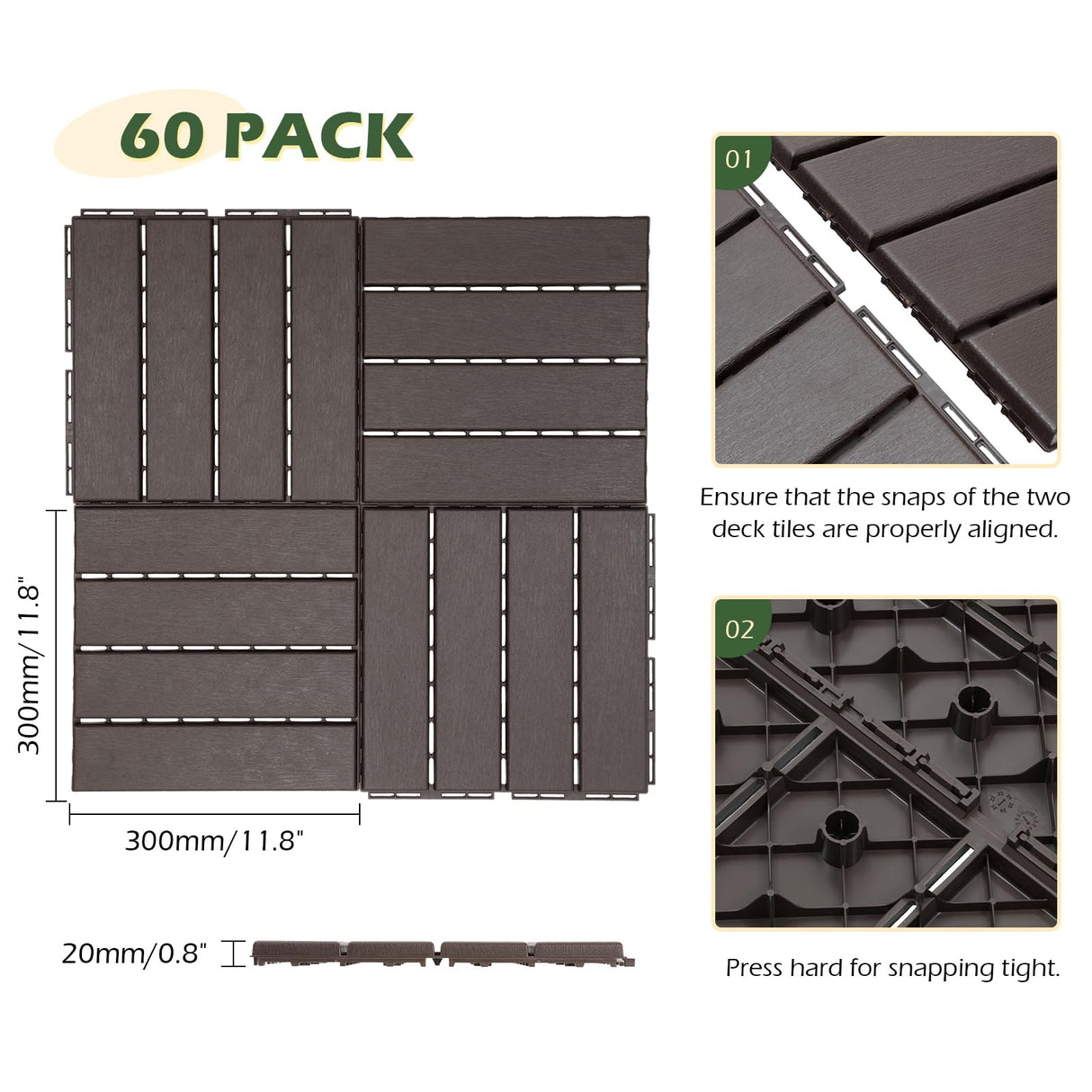 Dyna-Living 60 sq. ft Plastic Interlocking Deck Tiles, 60 Pack, 12"x12" Indoor Outdoor Waterproof Patio Floor Decking Tiles for Balcony, Backyard, Garden & Poolside, All Weather Use, Dark Brown Dyna-Living