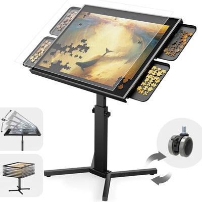 1500 Piece Jigsaw Puzzle Table with Drawers & legs, 28"x35" Large Puzzle Table for Adults, Adjustable height &12 tilt Angle, Wooden Puzzle Board with 4 Drawers & Cover, Birthday Gift for Family(Black)