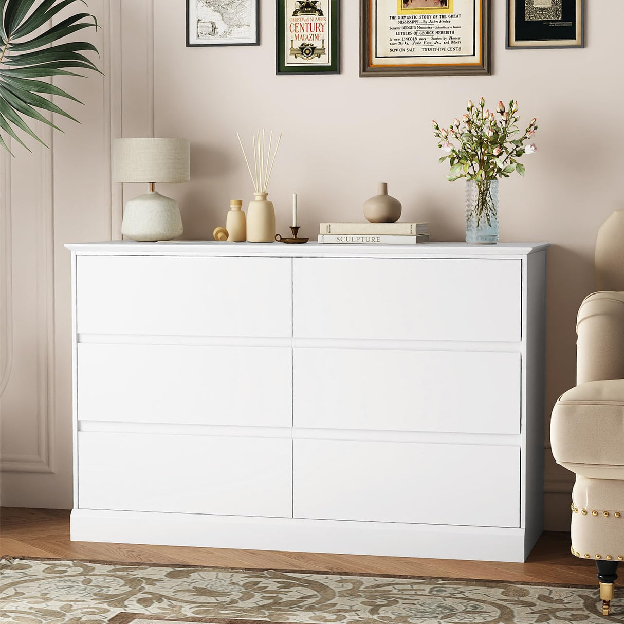 Seeday White Dresser, 6 Drawer Dressers for Bedroom, Modern Wooden Closet Dresser for Living Room, Entryway, or Hallway, White Seeday