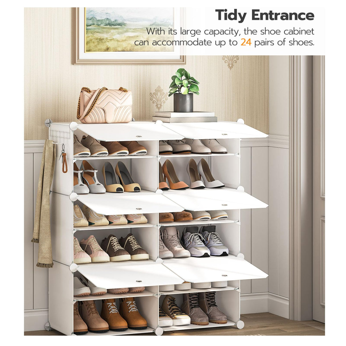 HOOBRO Shoe Rack, 6 Cubes Shoe Organizer with Doors, Plastic Panel Shoe Storage Cabinet for 24 Pairs of Shoes, for Closet, Entryway, Hallway, White WT26SC01G1 HOOBRO