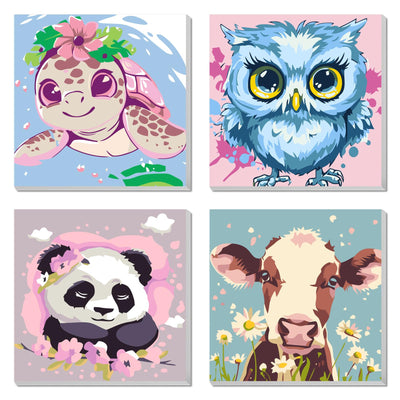 AILIBUT 4 Pack Animal Paint by Numbers Kit for Kids Age 4-12, Framed Canvas Paint by Number Animals Drawing Kit, Color by Number for Beginners, 8x8 Inch