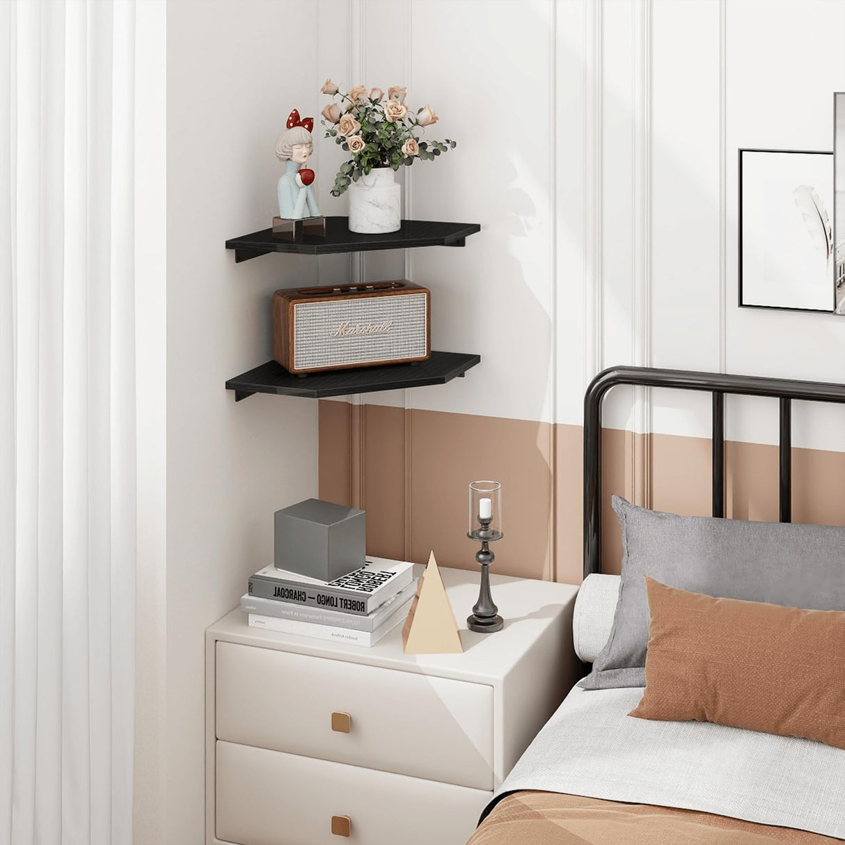 Homode Corner Shelf Wall Mount, Set of 2 Corner Floating Shelves with Wire Hole for TV, Cable Box, Wood Hanging Storage Shelf Organizer for Bathroom Kitchen Living Room Bedroom, Black Homode