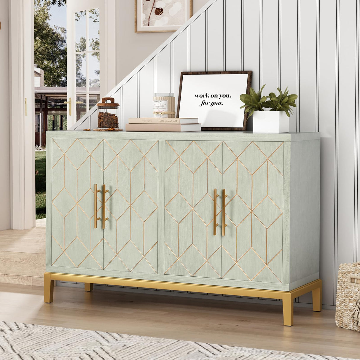 ARTPOWER Accent Cabinet with 4 Doors, Modern Credenza Storage Cabinet, Carved Decorative Sideboard Buffet Cabinet for Living Room, Kitchen, Office, and Hallway, Green ARTPOWER