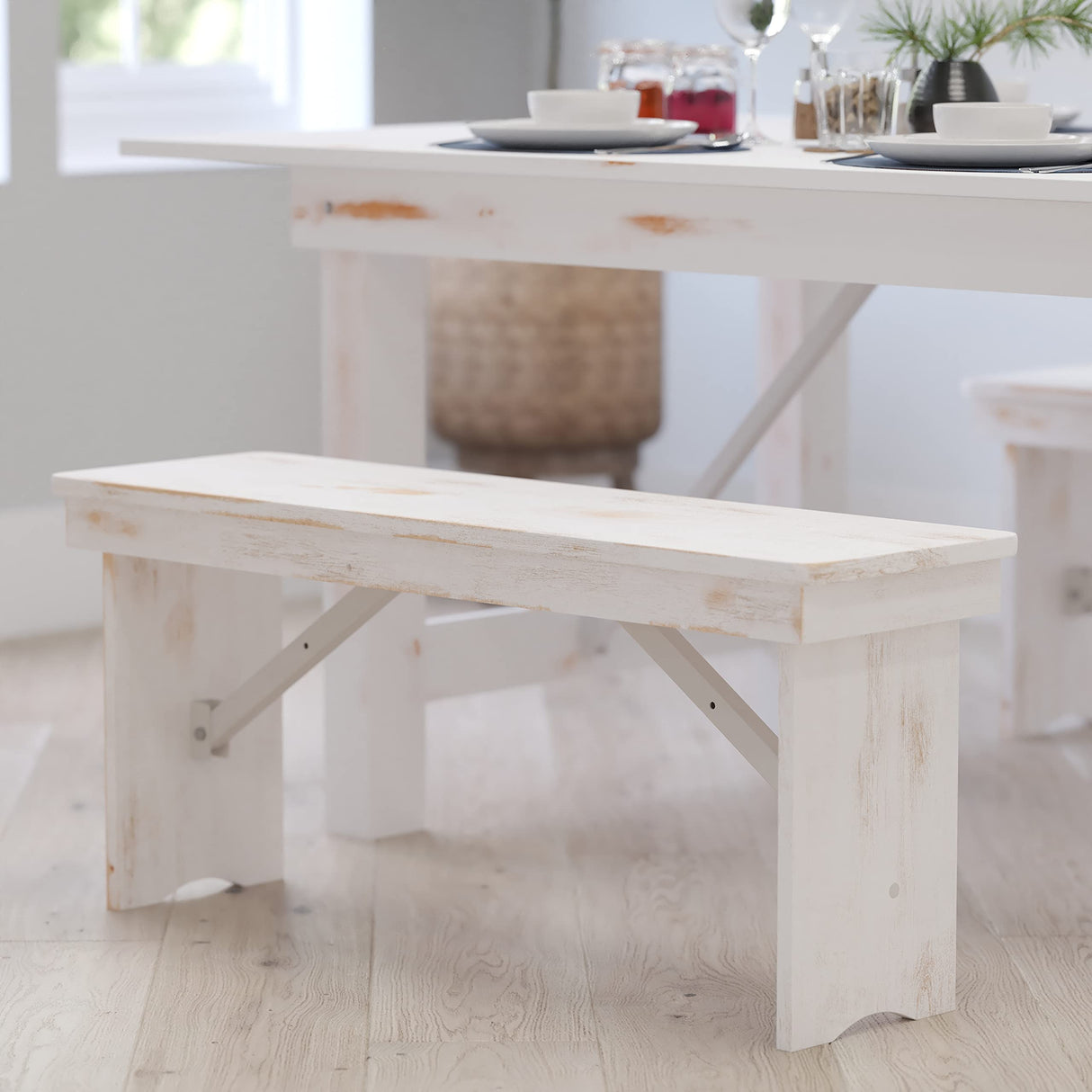 Merrick Lane Tinsley 40" x 12" White Solid Pine Folding Farmhouse Style Bench Merrick Lane