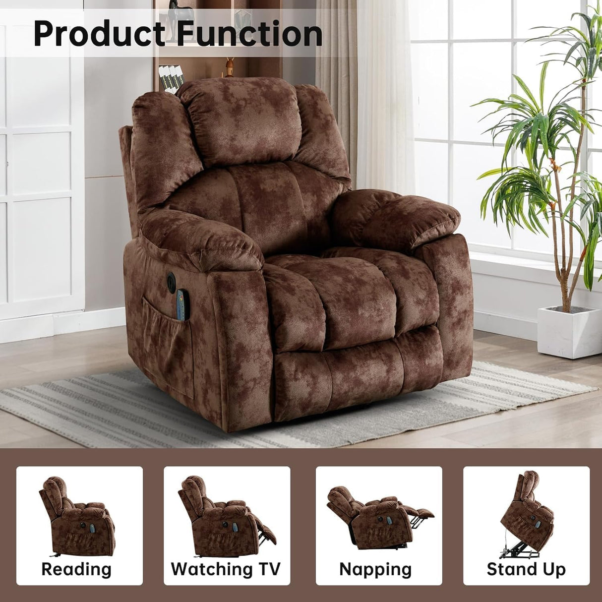 CANMOV Large Power Lift Recliner with Massage and Heat for Elderly, Heavy Duty Lift Recliner for Seniors with USB Port, 2 Hidden Cup Holders (Camel Brown) CANMOV