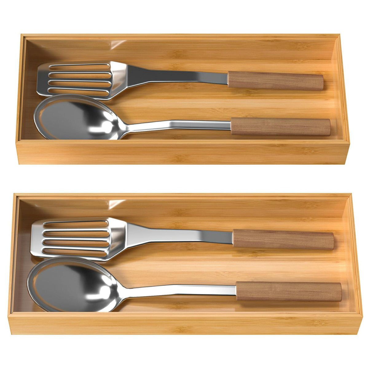 VeyFey Bamboo Drawer Organizer, Stackable Utensil Organizer for Kitchen, Bamboo Storage Box Wood Silverware Tray for Drawer 15" x 6" x 2" Set of 2 VeyFey