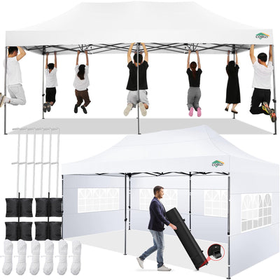 COBIZI 10x20 Pop up Canopy Tent 10x20 Canopy with 6 Sidewalls Waterproof Heavy Duty Commercial Canopy Tent for Parties Outdoor Tent Garden Gazebo Tent, Carry Bag with Wheel(10x20ft, White)