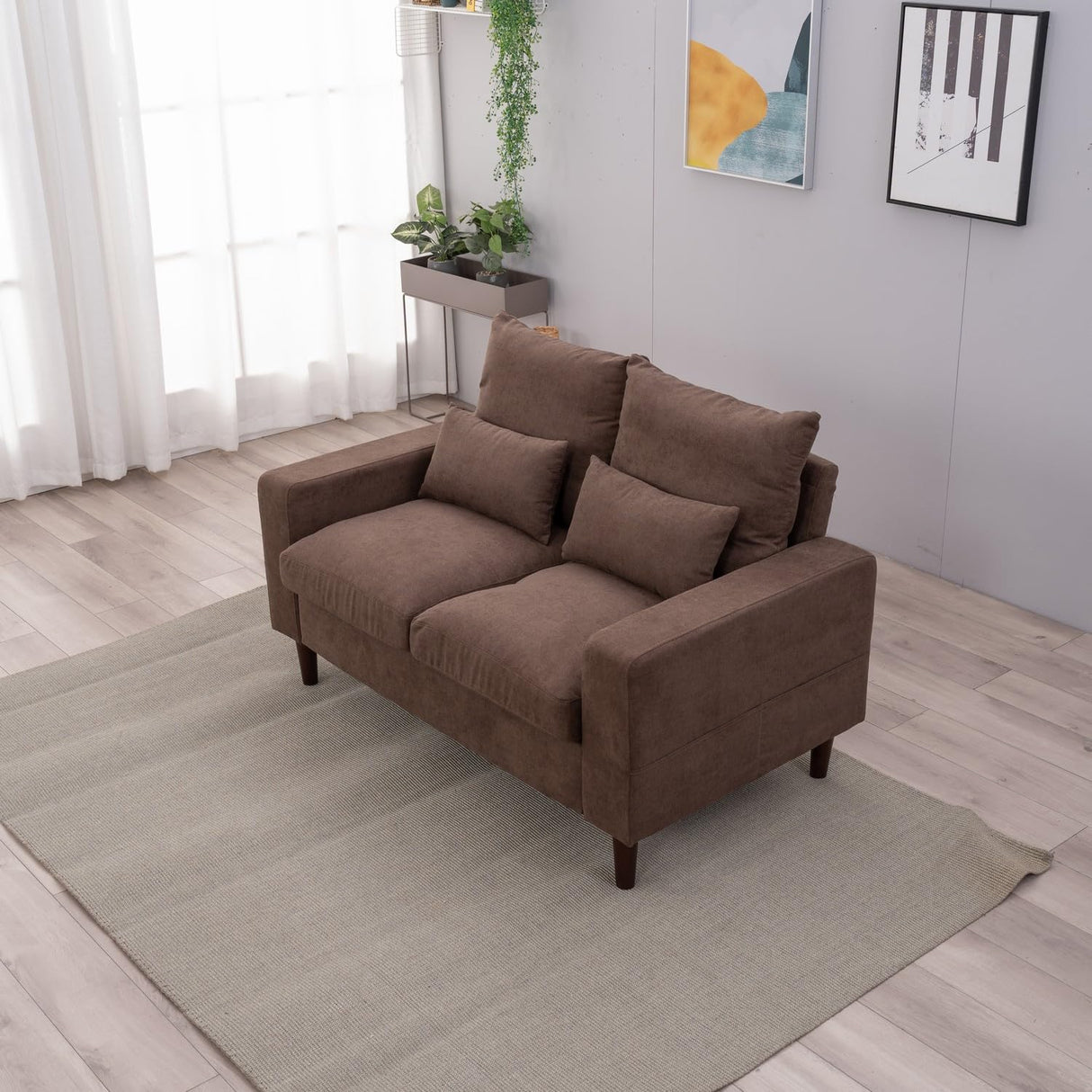 Panana Modern Sofa 54.5" Loveseat Couch with Cushion Back and Arms, 2 Seater Sold Wood Legs Sofa (Brown Linen, Track arm) Panana