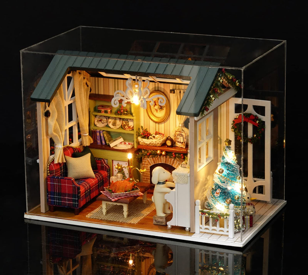 DIY Miniature Dollhouse Kit Realistic Mini 3D Wooden Mini Doll House Room with Furniture LED Lights Christmas Decoration Birthday Gift for Teens Adults (Holiday time) Tiandirenhe