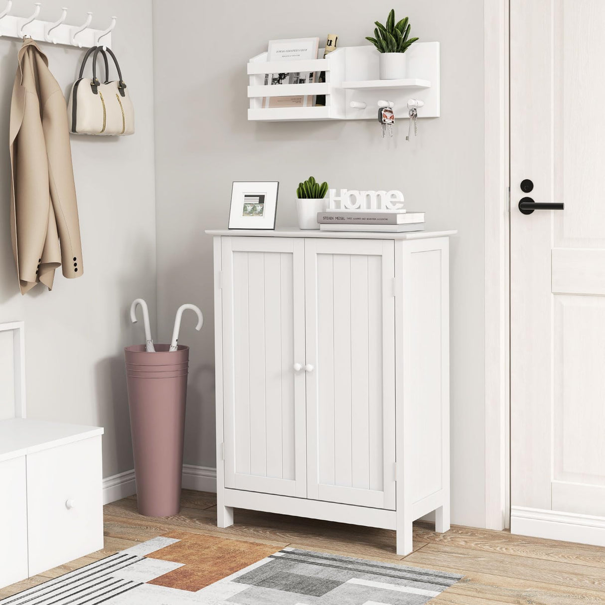 COSTWAY Bathroom Storage Cabinet, Freestanding Bathroom Organizers and Storage with Doors & Adjustable Shelf, Wooden Floor Cabinet for Home, Living Room, Entryway, Kitchen (White) COSTWAY