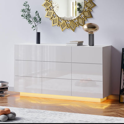 Anbuy LED 9 Drawer Dresser, White Modern Dressers with High Gloss Drawers Dual Chest of Drawers Dresser with Lights for Bedroom (White)
