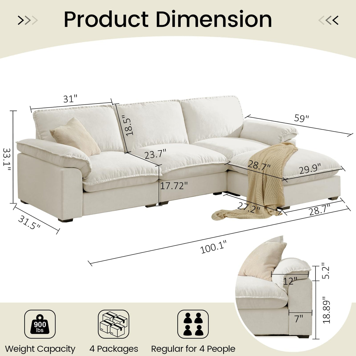 HALLYBEE Modular Sectional Sofa Deep Seat Cloud Couch with Reversible Chaise L Shaped Couch with Padded Armrests Chenille White Sectional Couches for Living Room Apartment Office HALLYBEE