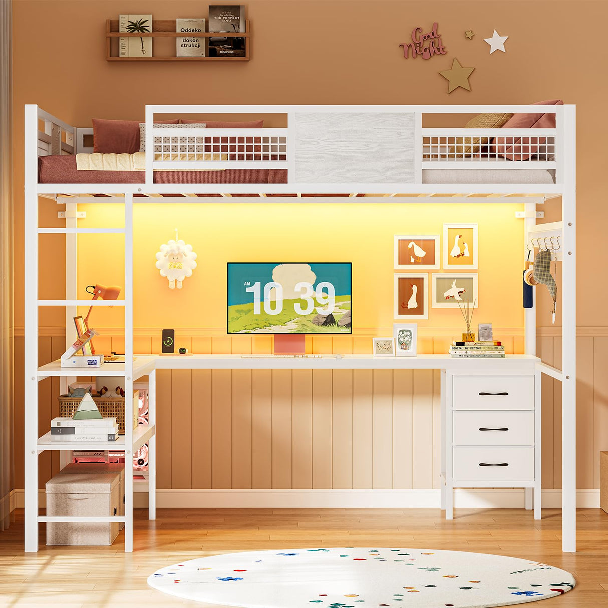 BTHFST Full Size Loft Bed with L-Shaped Desk and 3 Storage Drawers, LED Lights & Charging Station, Open Storage Shlef, Metal Loft Bed Frame with Solid Slats and Guardrail, Space Saving, White BTHFST