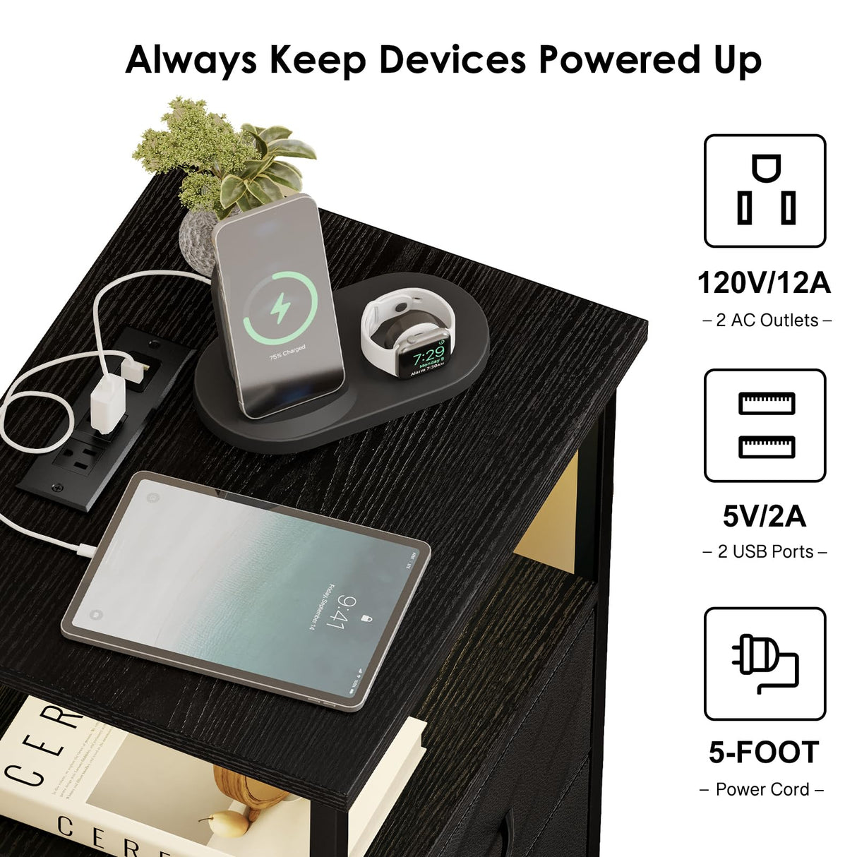 Fixwal Night Stand with Charging Station, LED Nightstand with USB Ports and Outlets, 2 Fabric Storage Drawers with PU Finish, Bed Side Table for Bedroom, Living Room, Black Fixwal