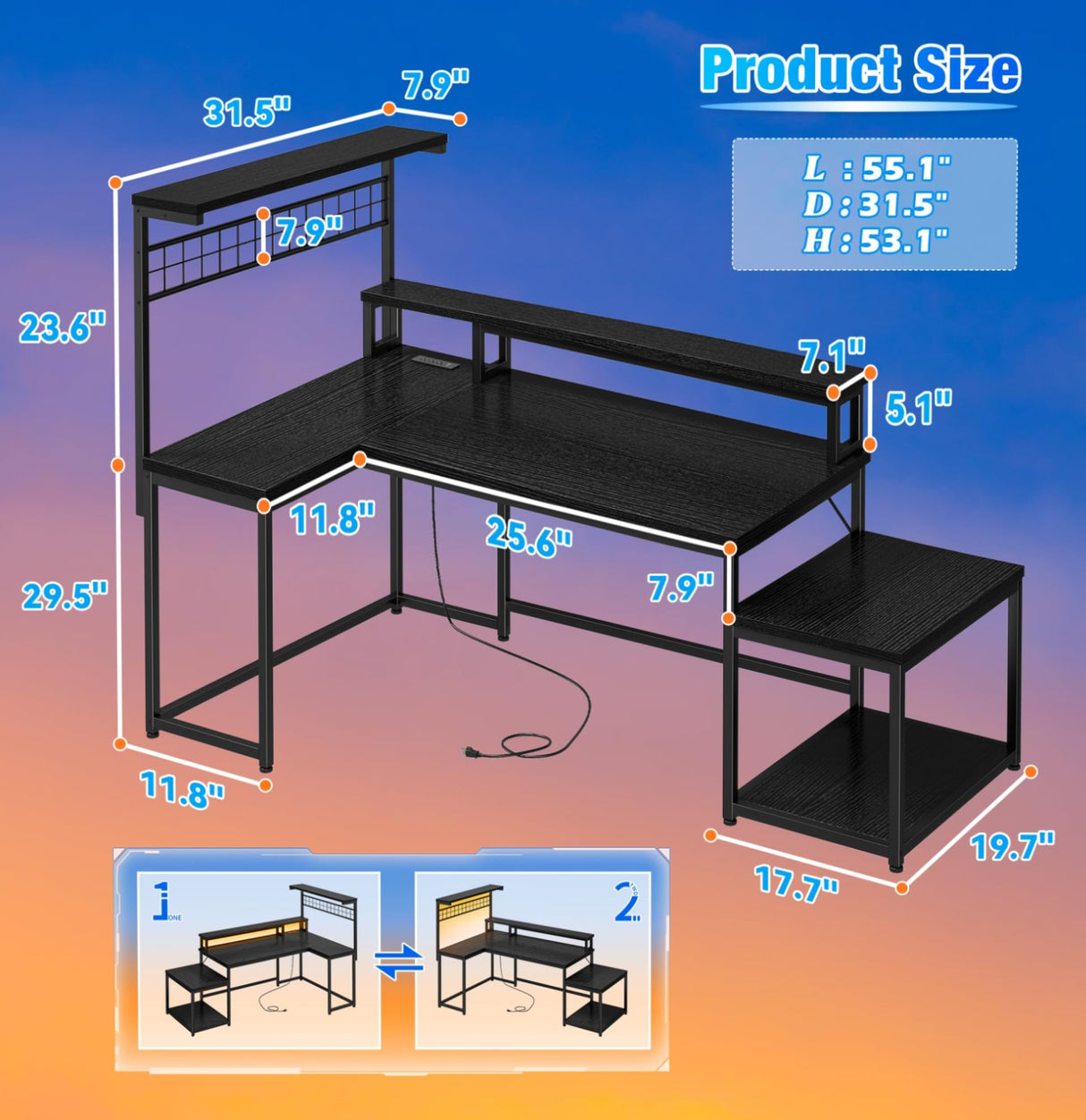 EnHomee L Shaped Gaming Desk with LED 55" Gaming Desk with Power Outlets Reversible L Shaped Desk with Long Monitor Stand & Storage Shelf,Cool Black Desk for Gaming Room,Home Office,Dorm,Black EnHomee