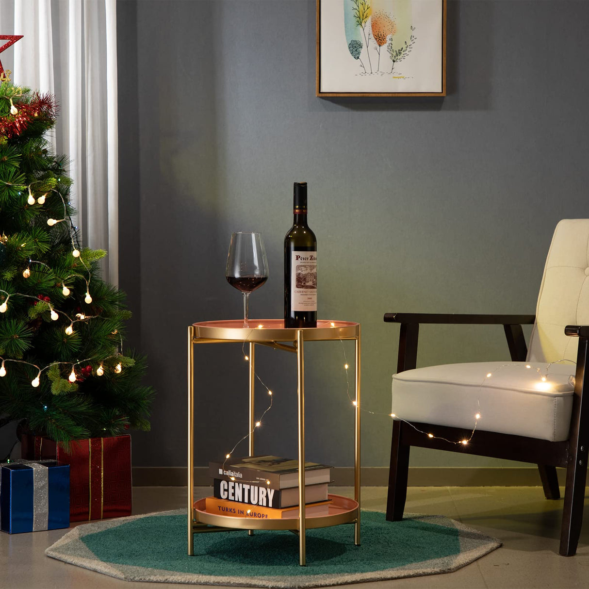 HollyHOME 2-Tier Round Gold Side Table, Outdoor Small Folding Accent Stand with Removable Tray, Anti-Rust Metal Asional Table for Balcony Patio Living Room, Nightstand for Bedroom(Gold&Pink) HollyHOME