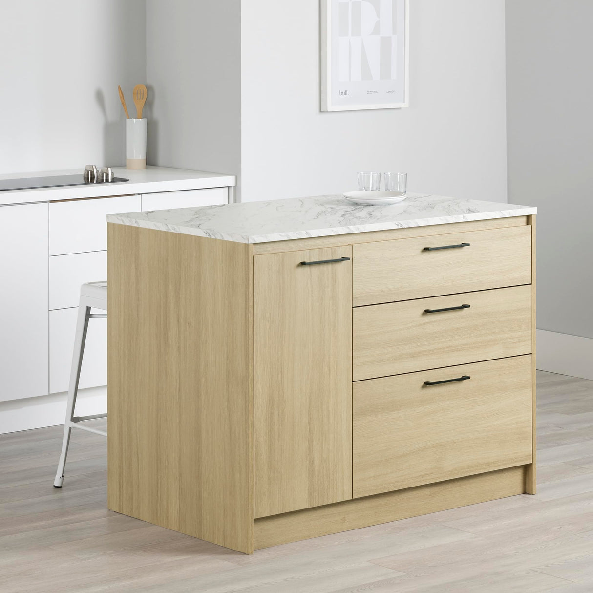 South Shore Myro Kitchen Island Faux White Marble and Blonde Oak, Contemporary South Shore