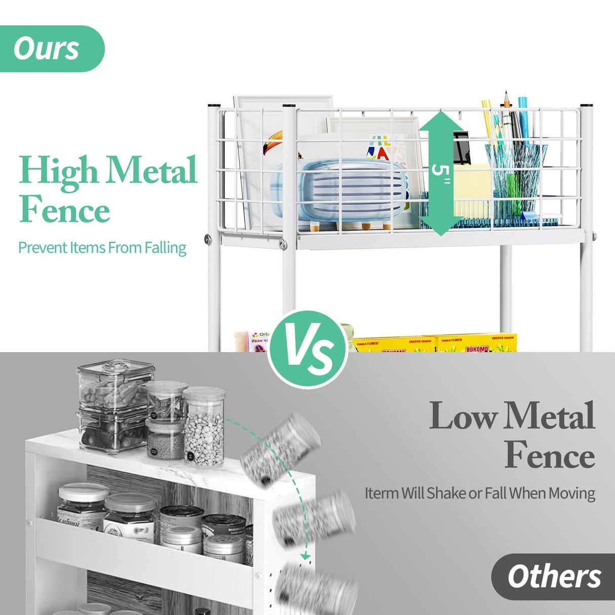 KINGRACK 3-Tier Rolling Utility Cart with Wheels, Metal Slim Storage Cart, Multifunctional Storage Organizer, Rolling Storage Cart for Kitchen, Office, Bathroom, Narrow Place, White KINGRACK