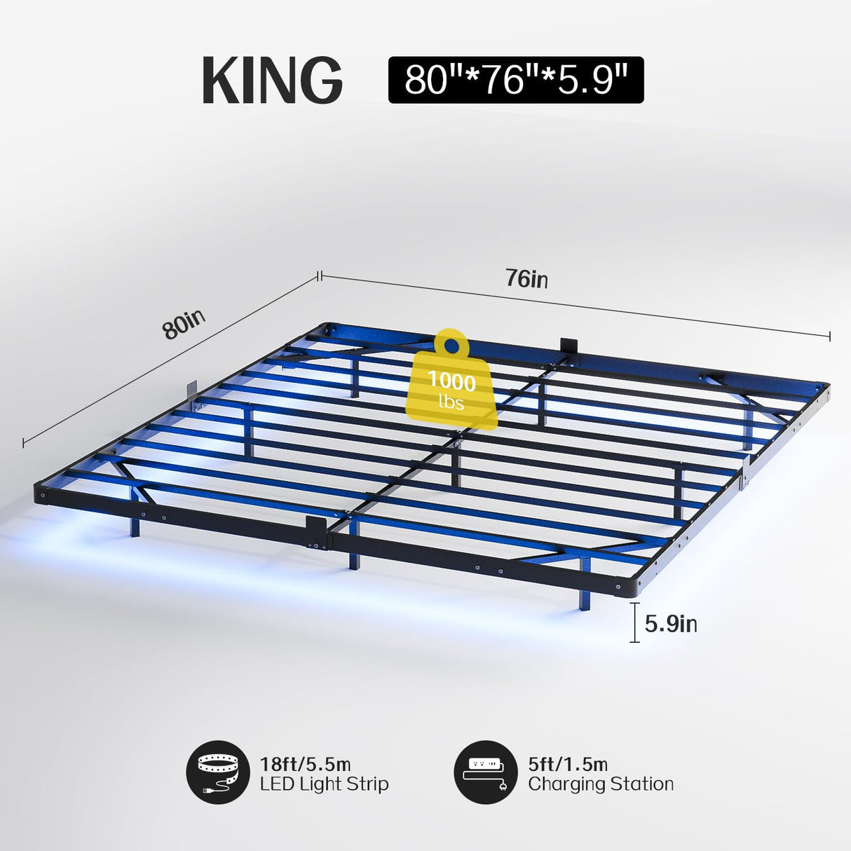 Liians King Size Floating Bed Frame with Smart LED Lights and USB Charging Station, Modern Sturdy Metal Platform, Noise Free, No Box Spring Needed Easy Assembly Liians
