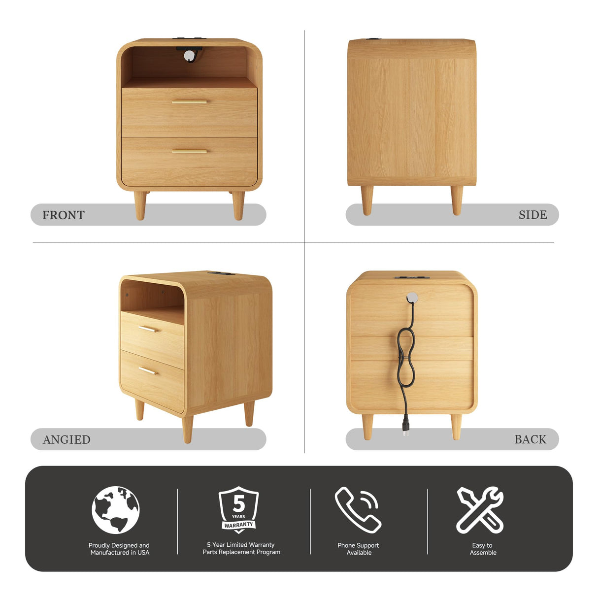 Easyego Mid-Century Modern Nightstand with Charging Station, Bedside Table w/2 Drawers and Open Shelves, Side Table and End Table for Bedroom and Living Room, Curved Design(Wood Naural) Easyego