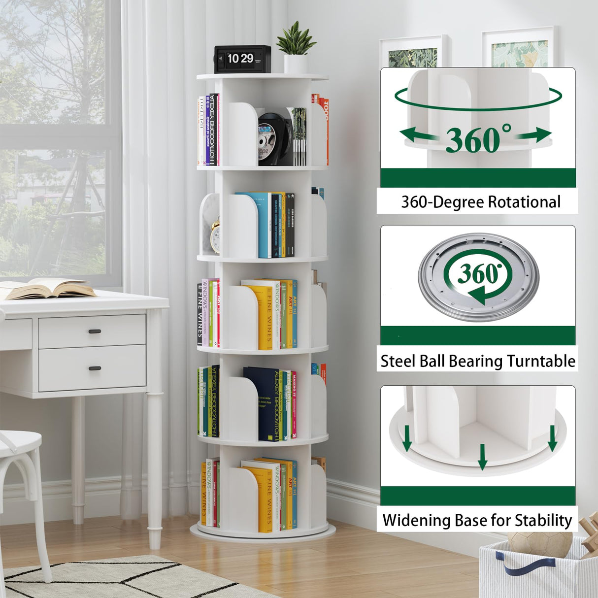 Rotating Bookshelf Tower 5 Tier,Spinning Bookcase, Revolving 360 Book Shelf Narrow Tall Bookcase, Vertical Turning Round storage Bookshelf ,Book Shelf Organizer for Bedroom, Living Room, White hhgrapehh