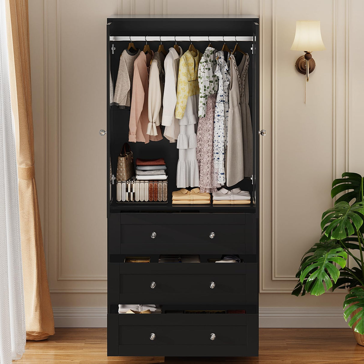 VOWNER Armoire Wardrobe Closet with Drawers and Mirror, 71" Clothing Storage Cabinet with Hanging Rod, 2 Doors Wooden Wardrobe Cabinet for Bedroom, Large Capacity Storage,Black VOWNER