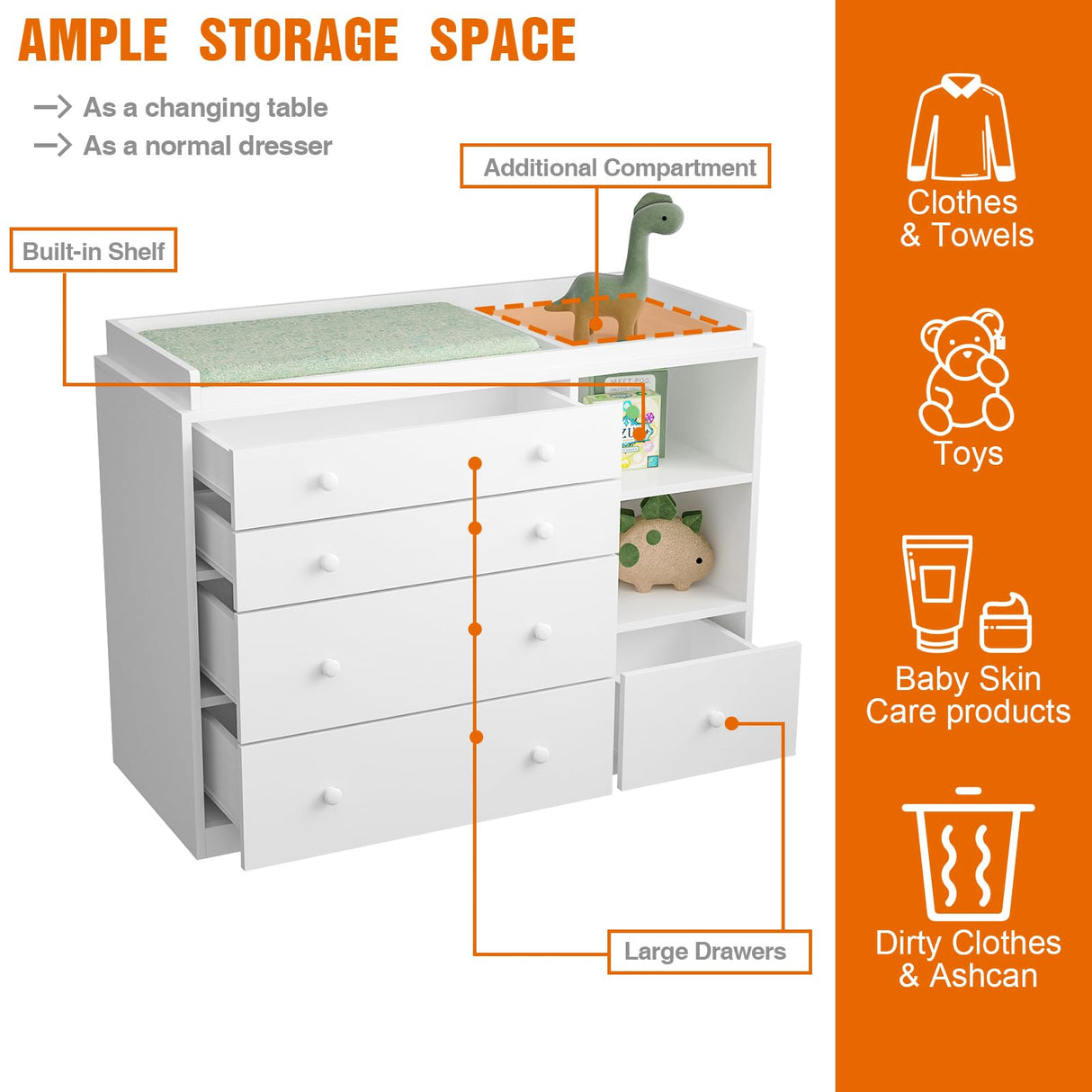 Timechee Changing Table Dresser, Baby Classic Nursery Dresser with 5 Drawers and 2 Shelves, Multi-Functional Baby Changing Table, Diaper Changing Station for Children's Room, White Timechee