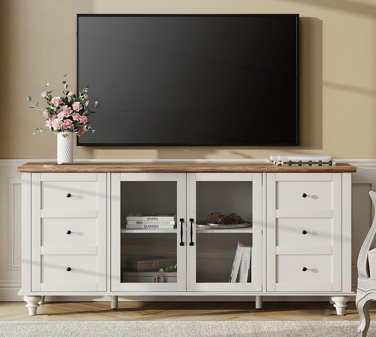 WAMPAT 4-Door Farmhouse TV Stand for TVs Up to 75 inch, Glass and Wood Universal TV Stand with 4 Storage Cabinets, White Entertainment Center for 32-75 inch TV Console Table,White WAMPAT