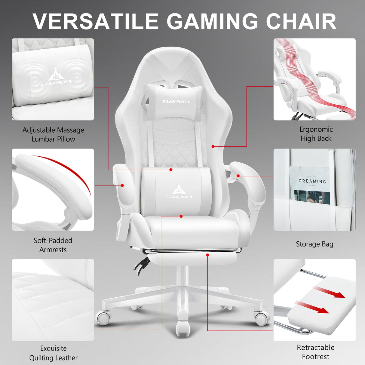 TUKAKA White Gaming Chair,Ergonomic Massage Computer Office Desk Chair with Footrest,Pocket Spring Cushion,Reclining Leather Adjustable Gamer Chair with Headrest and Lumbar Support,White TUKAKA