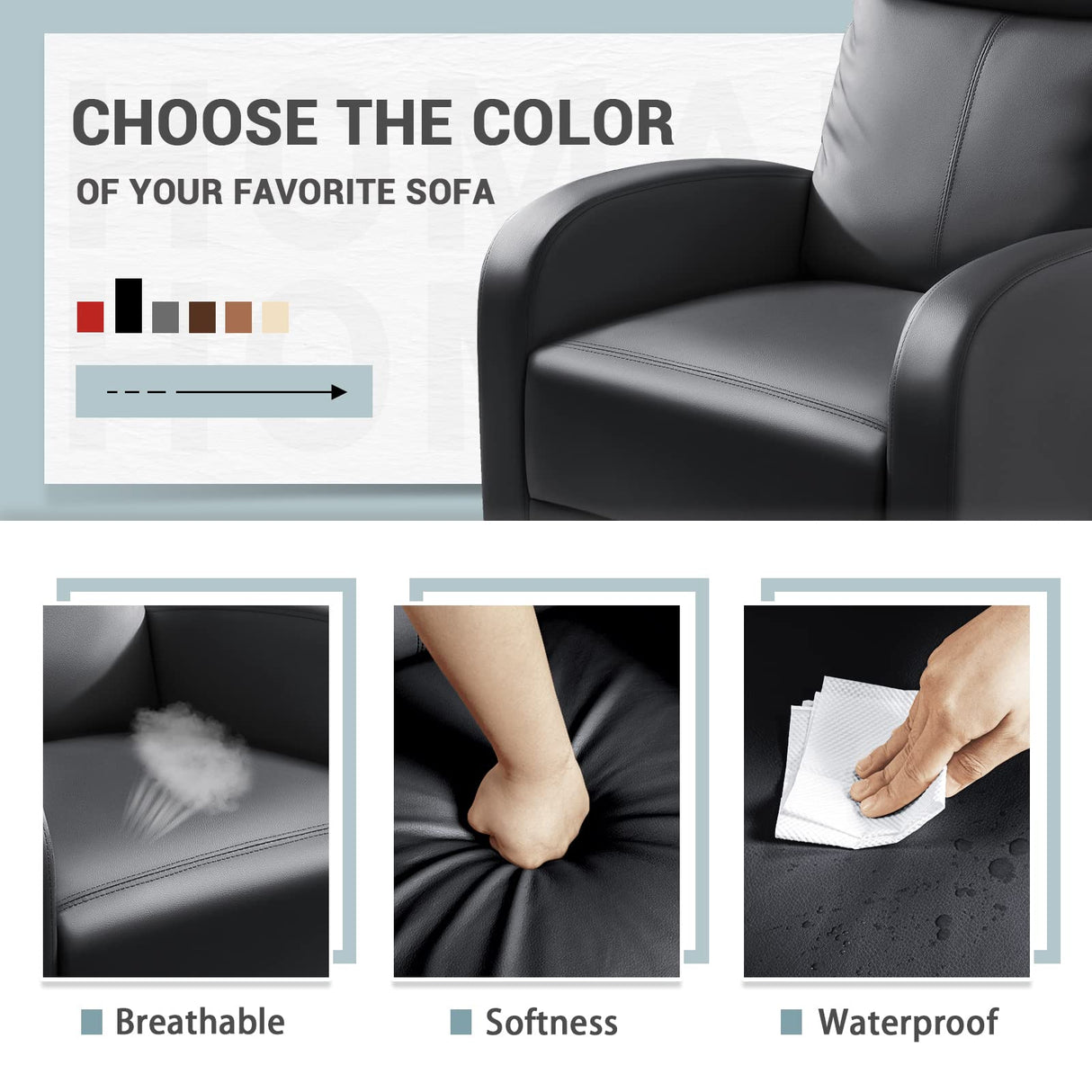 Homall Recliner Chair, Recliner Sofa PU Leather for Adults, Recliners Home Theater Seating with Lumbar Support, Reclining Sofa Chair for Living Room (Black, Leather) Homall