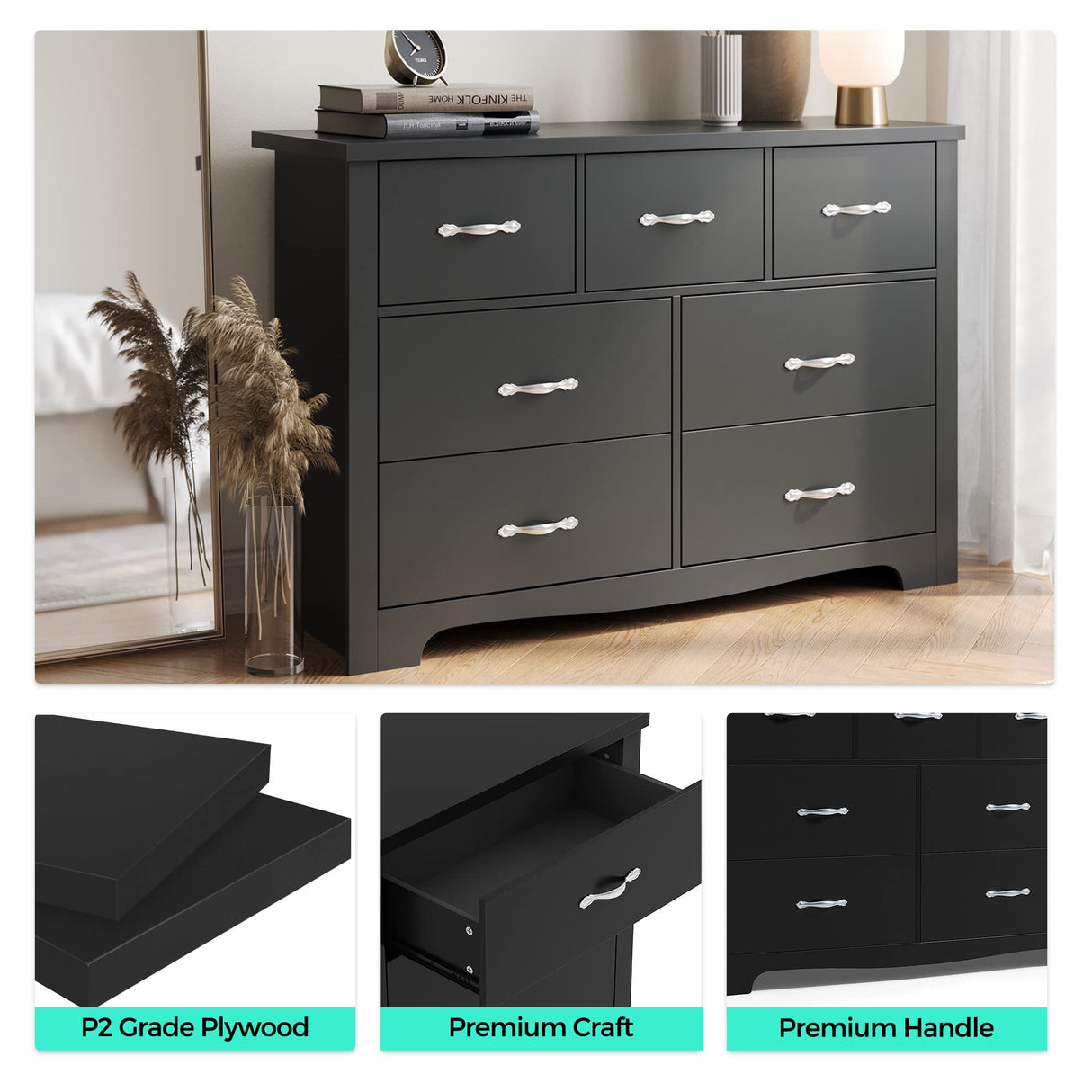 LINSY HOME 7 Drawers Dresser for Bedroom, Wood Bedroom Dresser Modern Drawer Chest, 7 Chest of Drawer, Tall Dresser for Closet, Dressers Organizer for Living Room, Closet, Hallway LINSY HOME