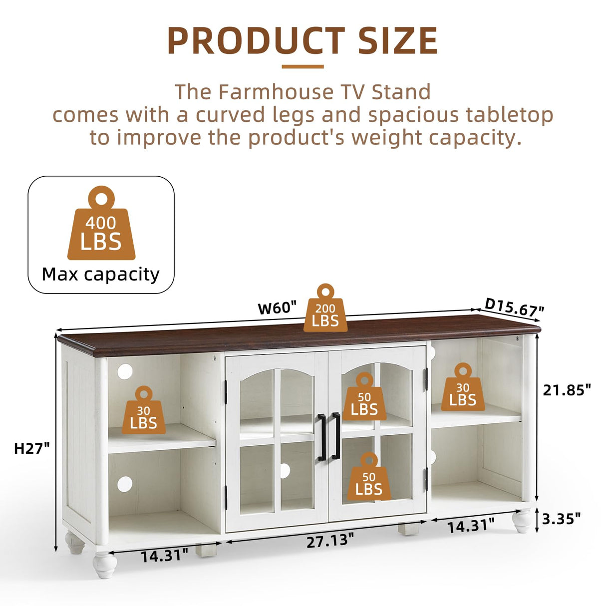 RWYHG Farmhouse TV Stand for 65 Inch TV, Wood Entertainment Center with Adjustable Shelves & Glass Door Storage Cabinet,Television Stands for 70" TVS,TV Console Table for Living Room,Bedroom,White RWYHG